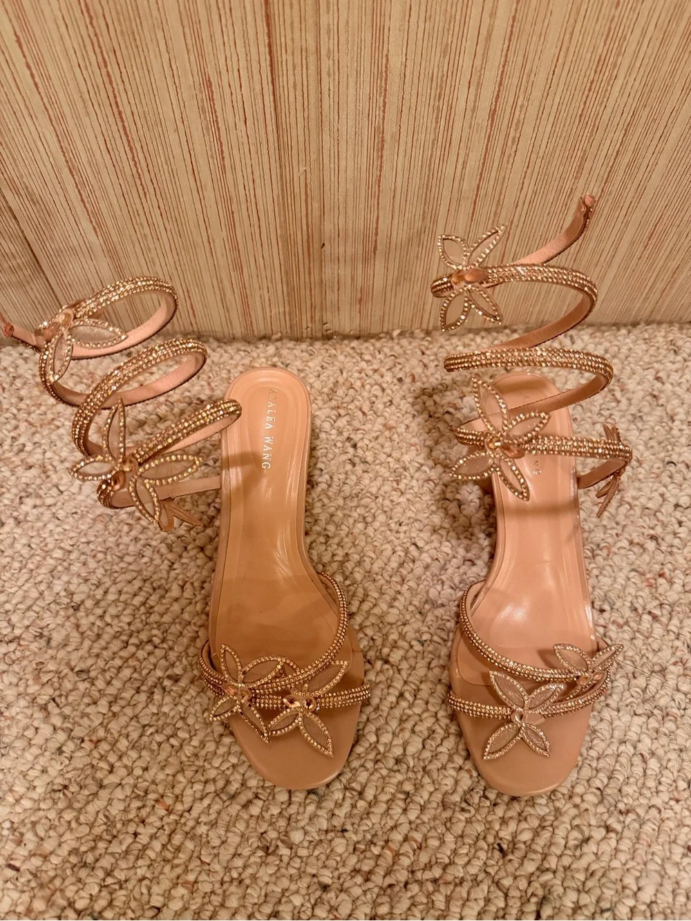 Embellished Spiral-Strap Heeled Sandals — Rose Gold